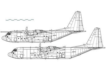 Lockheed C-130J Super Hercules. Outline vector drawing - obrazy, fototapety, plakaty