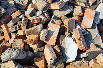 broken red color brick wall ruins background view