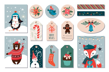Fototapeta premium Christmas collection with different tags, labels, greeting cards, stickers template , winter design