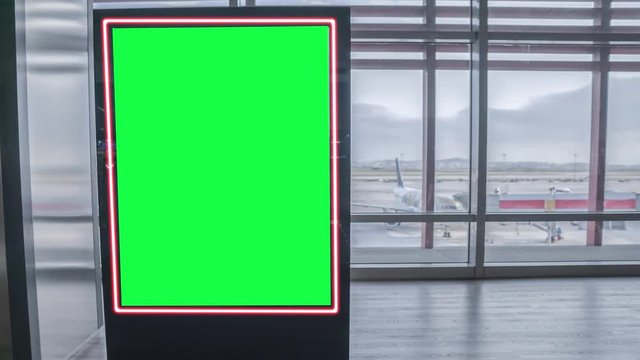 Airport hall billboard mock up with green screen, alpha channel. Business concept, indoor board, empty frame with chroma key. 