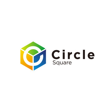 circle and square logo design vector, consisting of a letter C on colorful cube