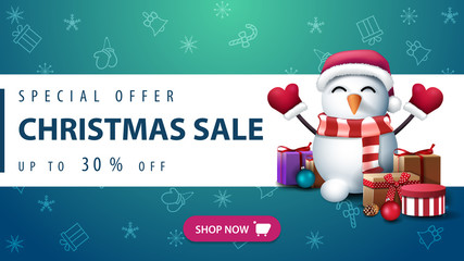 Special offer, Christmas sale, up to 50% off, green and white banner with horizontal white line, purple button, Christmas pattern and snowman in Santa Claus hat with gifts