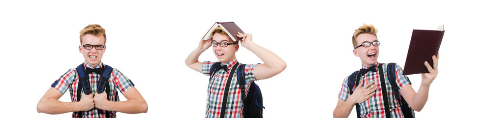 Student with backpack isolated on the white