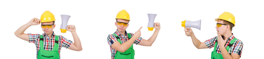Funny construction worker with loudspeaker on white