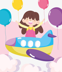 happy children day, little girl flying in the plane with balloons