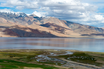 Ladakh, India - Jul 30 2019 - Tso Moriri Lake in Changthang Plateau, Ladakh, Jammu and Kashmir, India. It is part of Ramsar Convention - Tsomoriri.