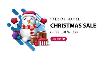 Special offer, Christmas sale, up to 30% off, white minimalistic banner with blue abstract liquid shape and snowman in Santa Claus hat with gifts