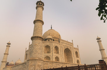 Side view of The Taj Mahal, the Ivory-white marble mausoleum.
