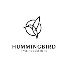 flying bird logo design template with linear concept style. vector illustration of hummingbird/colibri in outline, monoline style