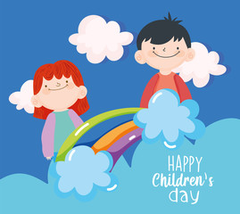 happy children day, cute little boys rainbow clouds sky