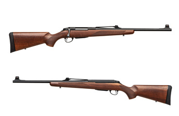Modern bolt carbine isolated on white background. Weapons with a wooden butt for hunting, sports...