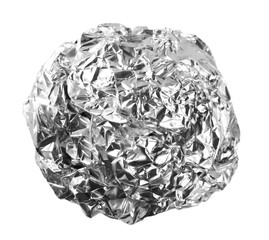 Crumpled ball of aluminum foil isolated on white with clipping path