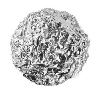Crumpled ball of aluminum foil isolated on white with clipping path