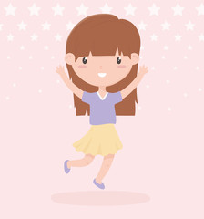 happy childrens day, cute little girl celebrating hands up stars background