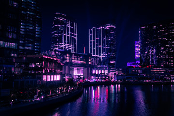 Epic view of city skyscrapers at night - Al Galleria Boutique mall, Abu Dhabi city landmarks, UAE
