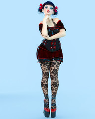 3D girl doll big blue eyes and bright makeup.