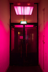 vaporwave old metal and glass doors in purple hallway