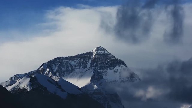 Mount Everest under floating clouds, view from Tibet (time-lapse)