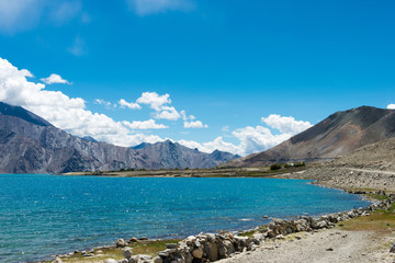 Ladakh, India - Aug 05 2019 - Pangong Lake view from Between Spangmik and Maan in Ladakh, Jammu and Kashmir, India. The Lake is an endorheic lake in the Himalayas situated at a height of about 4350m.