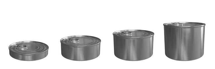 Tin can set mockup. Different size metal food containers. 3d illustration