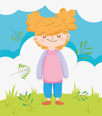 happy children day, little girl with branches foliage meadow