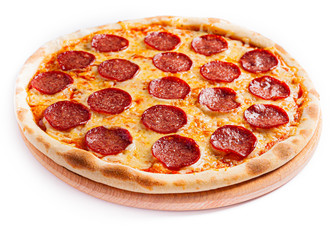 Pizza isolate, medium size, side view. Stock photo of pizza.