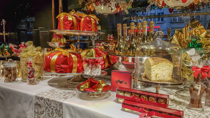 Party table with champagne and presents. Christmas and silvester concept