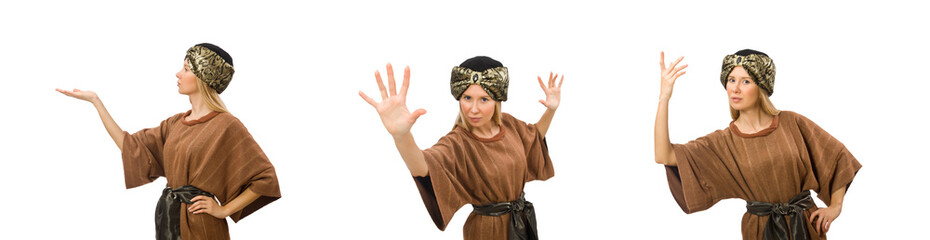 Woman wearing medieval arab clothing on white