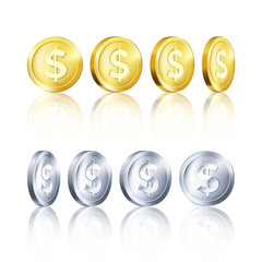Rotation metallic gold and silver coin template. Golden and Silver dollar icon. Business symbol of money. Vector illustration