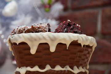 Homemade candy in chocolate basket. sweet souvenir present. candy shop. festive sprinkle and topping. vintage retro chocolate. sweets at christmas tree. happy new year. xmas gift. handmade confection