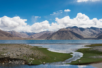 Ladakh, India - Aug 05 2019 - Pangong Lake view from Between Spangmik and Maan in Ladakh, Jammu and Kashmir, India. The Lake is an endorheic lake in the Himalayas situated at a height of about 4350m.