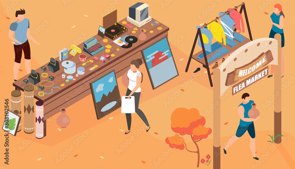 Sticker flea market isometric composition