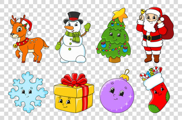 Set of cartoon characters. Fairytale tree, Santa Claus with gifts, cute deer, snowman, sock, snowflake, ball, gift. Happy New Year and Merry Christmas. Hand drawn. Color vector isolated illustration.