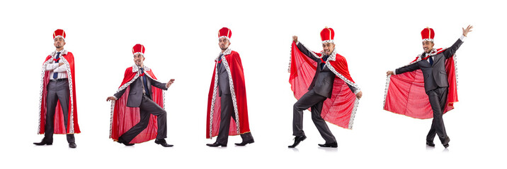 Businessman playing king isolated on white