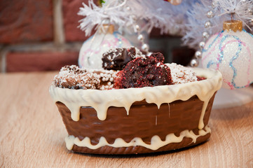 Homemade candy in chocolate basket. sweet souvenir present. candy shop. festive sprinkle and topping. vintage retro chocolate. sweets at christmas tree. happy new year. xmas gift. handmade confection