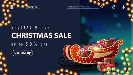 Special offer, Christmas sale, up to 50% off, blue discount banner for website with blurred winter landscape, garland and Santa Sleigh with presents