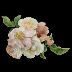 Floral arrangement, bouquet of garden flowers. White roses, pink peony and iris isolated on black...