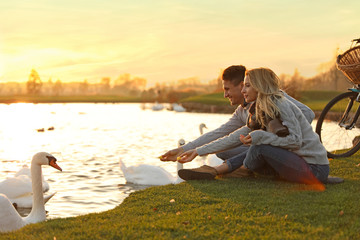 Young couple near lake with swans at sunset. Perfect place for picnic