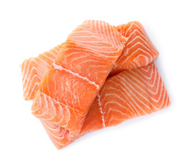 Fresh raw salmon on white background, top view. Fish delicacy