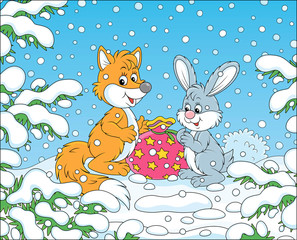 Red fox and a grey hare with a holiday gift bag under snow-covered branches of green firs in a winter forest on a beautiful snowy day, vector cartoon illustration