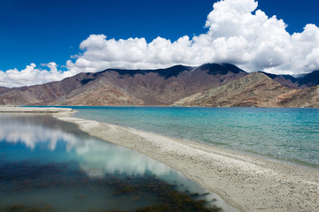 Ladakh, India - Aug 06 2019 - Pangong Lake view from Between Kakstet and Merak in Ladakh, Jammu and Kashmir, India. The Lake is an endorheic lake in the Himalayas situated at a height of about 4350m.