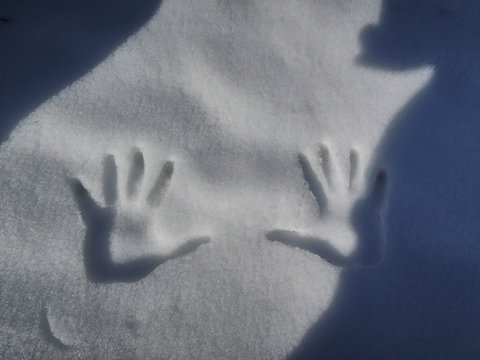 Handprints in the snow. La Barranca Valley in the Sierra de Guadarrama National Park. Madrid's community. Spain