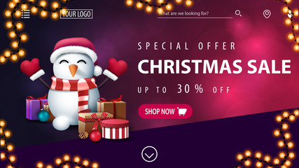 Special offer, Christmas sale, up to 30% off, purple discount banner with blurred background with bokeh, pink button and snowman in Santa Claus hat with gifts