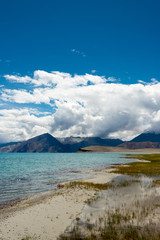 Ladakh, India -Aug 06 2019 - Pangong Lake view from Between Kakstet and Chushul in Ladakh, Jammu and Kashmir, India. The Lake is an endorheic lake in the Himalayas situated at a height of about 4350m.