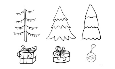 Cute hand drawn set of Christmas, New Year's gifts and a set of Christmas trees for decoration. Doodle vector illustration.