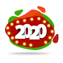 2020, happy New Year, white volumetric numbers on abstract liquid shapes isolated on white background