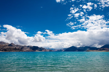 Ladakh, India -Aug 06 2019 - Pangong Lake view from Between Kakstet and Chushul in Ladakh, Jammu and Kashmir, India. The Lake is an endorheic lake in the Himalayas situated at a height of about 4350m.