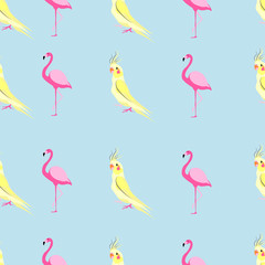 Obraz na płótnie Canvas Tropic bird pattern with parrot and flamingo. Animal pattern