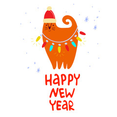 Happy new year lettering. A red cat in a Santa hat is standing in a garland. Christmas and New Year celebration concept. New Year mood. Design for cards, banners, posters, textiles.