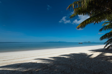 Beautiful sandy beach and calm ocean. Praslin, Seychelles